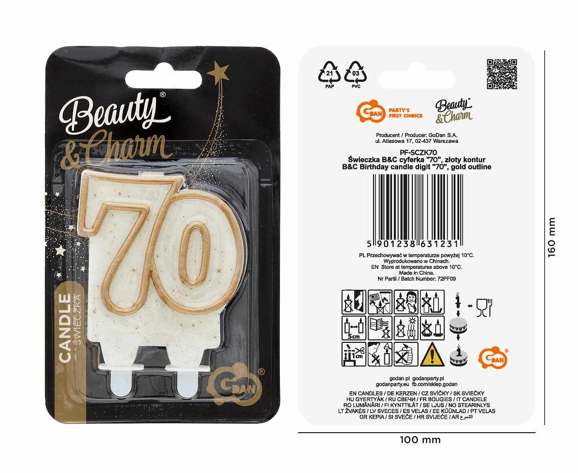 Double digit candle "70", gold outline, 8 cm